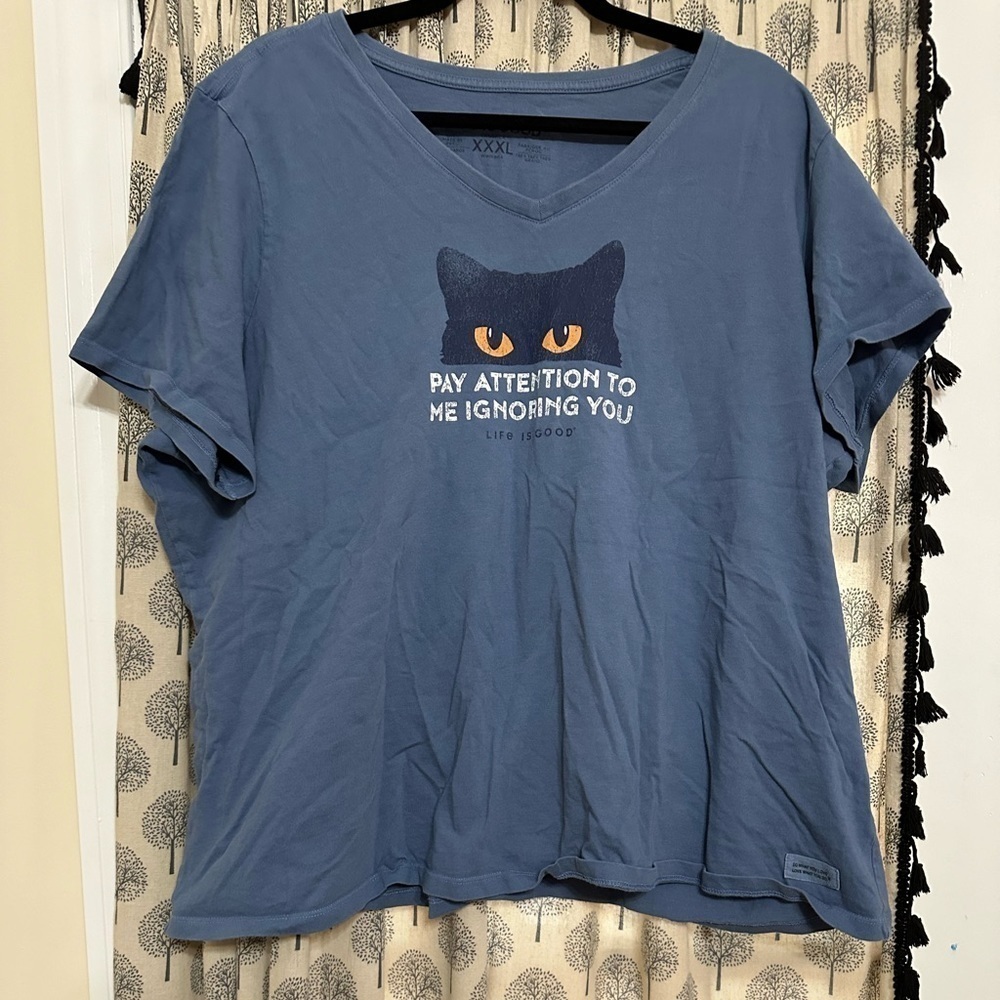 Life is Good Black Cat Blue Tee tshirt XXXL GUC